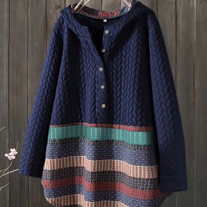 Tribal Print Long Sleeve Hooded Padded Jacket, Casual Button Front Loose Hem Outerwear, Women's Clothing