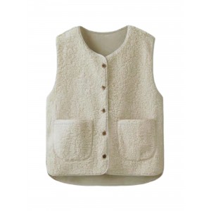 Solid Button Front Vest, Casual Sleeveless Vest With Pockets, Women's Clothing