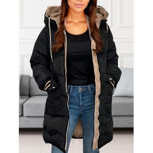 Zip Up Color Block Hooded Coat, Casual Long Sleeve Winter Warm Outerwear, Women's Clothing