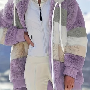 Fuzzy Color Block Coat, Casual Hooded Zip Up Drawstring Long Sleeve Outerwear, Women's Clothing