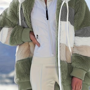 Fuzzy Color Block Coat, Casual Hooded Zip Up Drawstring Long Sleeve Outerwear, Women's Clothing