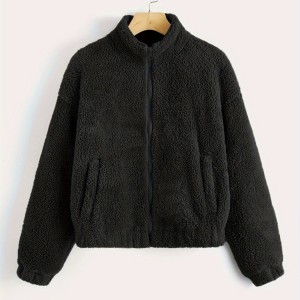 Zip Up Solid Teddy Jacket, Casual Simple Winter Warm Outerwear, Women's Clothing