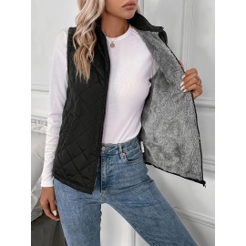 Argyle Pattern Fall & Winter Vest, Casual Zip Up Sleeveless Vest, Women's Clothing