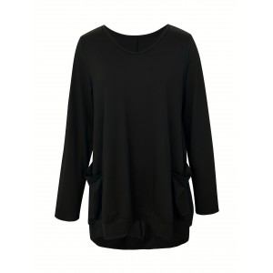 Solid Pocket Crew Neck T-Shirt, Casual Long Sleeve Top For Spring & Fall, Women's Clothing
