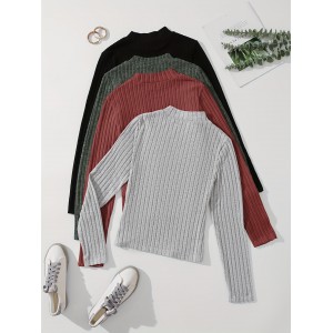 4 Packs Ribbed Mock Neck T-Shirts, Casual Long Sleeve Top For Spring & Fall, Women's Clothing