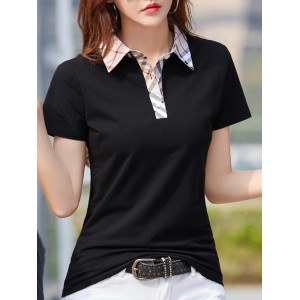 Contrast Trim Turn Down Collar T-Shirt, Casual Short Sleeve Knitting T-Shirt For Summer, Women's Clothing