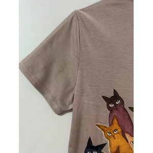 Cat Print Crew Neck T-Shirt, Casual Short Sleeve T-Shirt For Spring & Summer, Women's Clothing