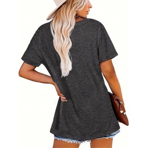 Tape & Letter Print Crew Neck T-Shirt, Casual Short Sleeve T-Shirt For Spring & Summer, Women's Clothing
