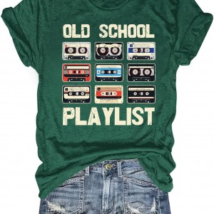 Tape & Letter Print Crew Neck T-Shirt, Casual Short Sleeve T-Shirt For Spring & Summer, Women's Clothing