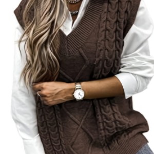 Cable V-Neck Sweater Vests, Casual Loose Sleeveless Fall Winter Knit Sweater Vest, Women's Clothing