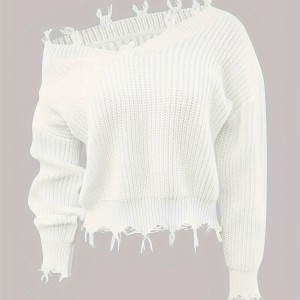 Solid Slant Shoulder Pullover Sweater, Distressed Ripped Raw Hem Long Sleeve Sweater, Women's Clothing