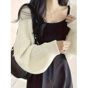 Cropped Solid Knit Sweater, Open Front Long Sleeve Sweater, Women's Clothing