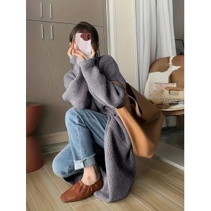 Solid Button Front Turtle Neck Cardigan, Casual Long Sleeve Pocket Oversized Sweater Overcoat, Women's Clothing