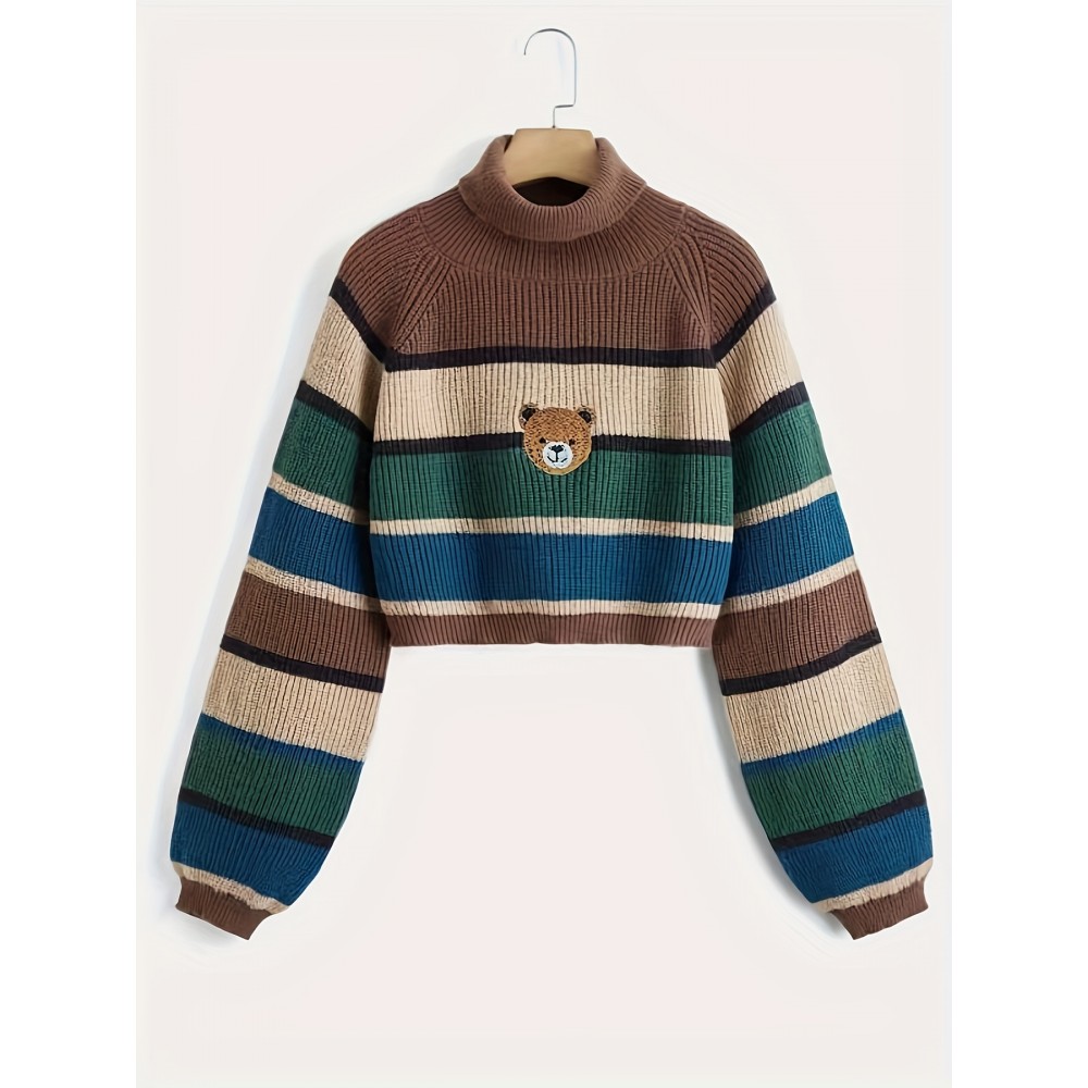 Bear Pattern Striped Pullover Sweater, Cute Turtle Neck Long Sleeve Crop Sweater, Women's Clothing