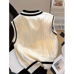 Badge Pattern V Neck Knitted Vest, Casual Sleeveless Preppy Style Sweater, Women's Clothing