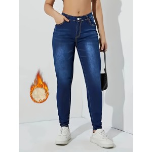 Fleece Liner Casual Skinny Jeans, Slant Pockets Slim Fit Stretchy Tight Jeans, Women's Denim Jeans & Clothing