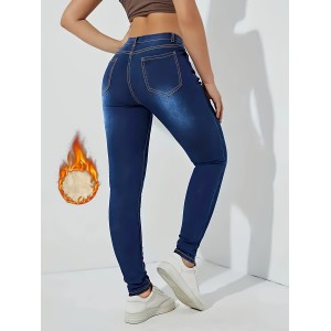 Fleece Liner Casual Skinny Jeans, Slant Pockets Slim Fit Stretchy Tight Jeans, Women's Denim Jeans & Clothing