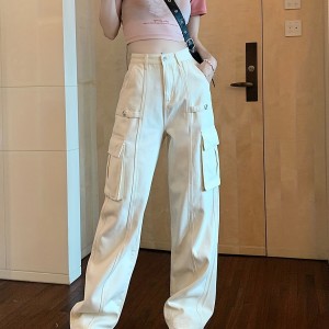 Plain Flap Pockets Cargo Pants, Non-Stretch Loose Fit High Waist Y2K & Kpop Style Straight Jeans, Women's Denim Jeans & Clothing