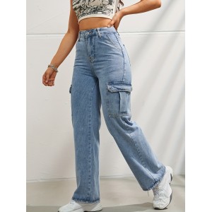 Side Flap Pocket High Waist Denim Cargo Pants, Light Washed Casual Slash Pocket Cargo Jeans, Kpop Y2K, Women's Denim Jeans & Clothing
