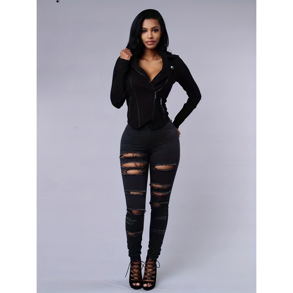 Ripped High Strech Distressed Jeans, Zipper Button Closure Solid Color Slim Fit Denim Pants, Women's Denim Jeans & Clothing