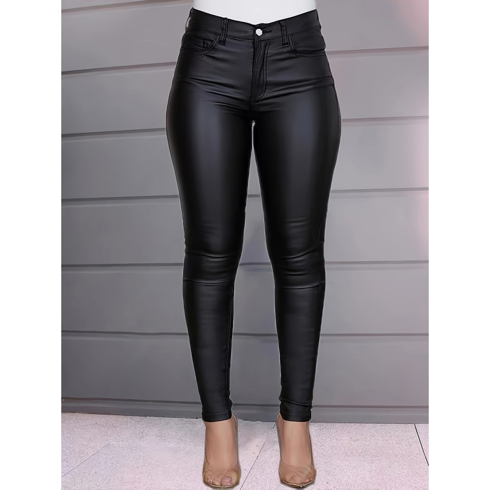 Black Leather Look Skinny Jeans, High Stretch Slim Fit Chic Tight Jeans, Women's Denim Jeans & Clothing