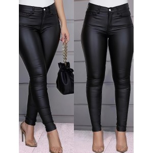 Black Leather Look Skinny Jeans, High Stretch Slim Fit Chic Tight Jeans, Women's Denim Jeans & Clothing