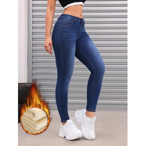 Fleece Liner Washed Skinny Jeans, Mid-Stretch Keep Warm Slim Fit Tight Jeans, Women's Denim Jeans & Clothing