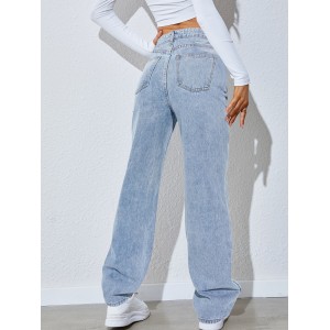 Light Blue Versatile Straight Jeans, Loose Fit Slash Pockets Baggy Denim Pants, Women's Denim Jeans & Clothing